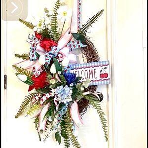 Cherry and baby blue gingham theme wreath